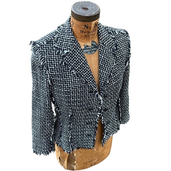 Vintage Bill Blass Jacket Women Fringe Black White Tweed Silk Cropped Sz 6 90's - Picture 6 of 17